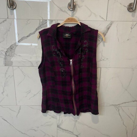 Harley-Davidson, Zippered Tank Top, Purple Black Plaid, Tank Top, Size L - Picture 1 of 6
